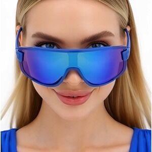 Sunglasses Blue Frame Mirrored Lens Sport Cycling Running Women Wraparound Ladys